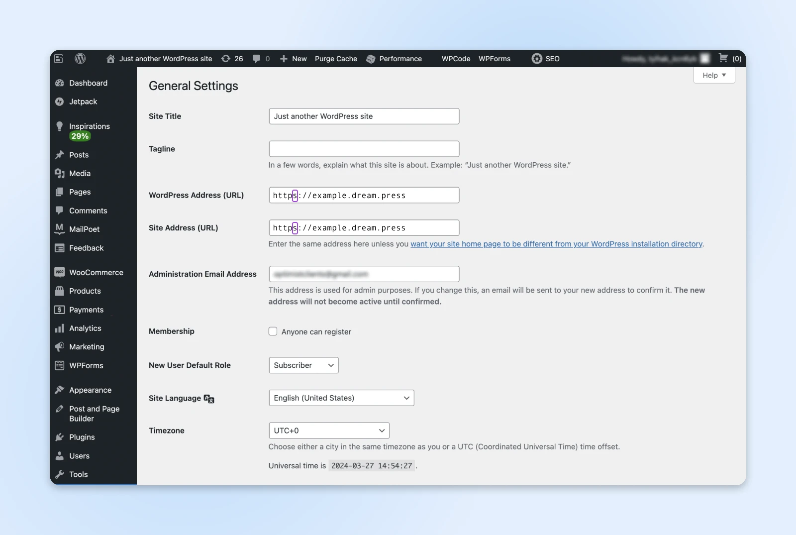 General settings menu showing the wordpress address URL and site address URL calling out the "s" in "https" 