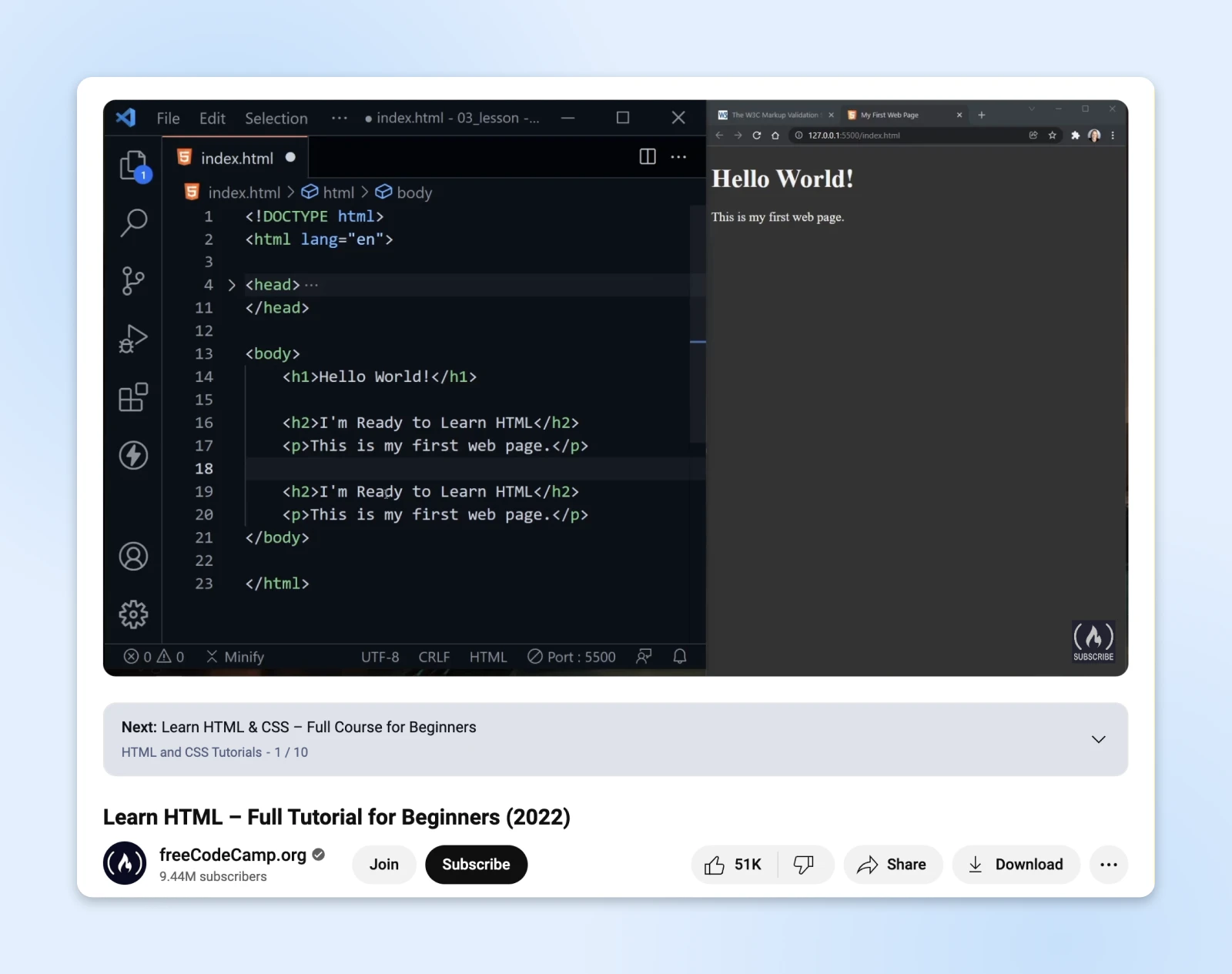 A frame of the 'Learn HTML - Full Tutorial for Beginners (2022)' by freeCodeCamp.org