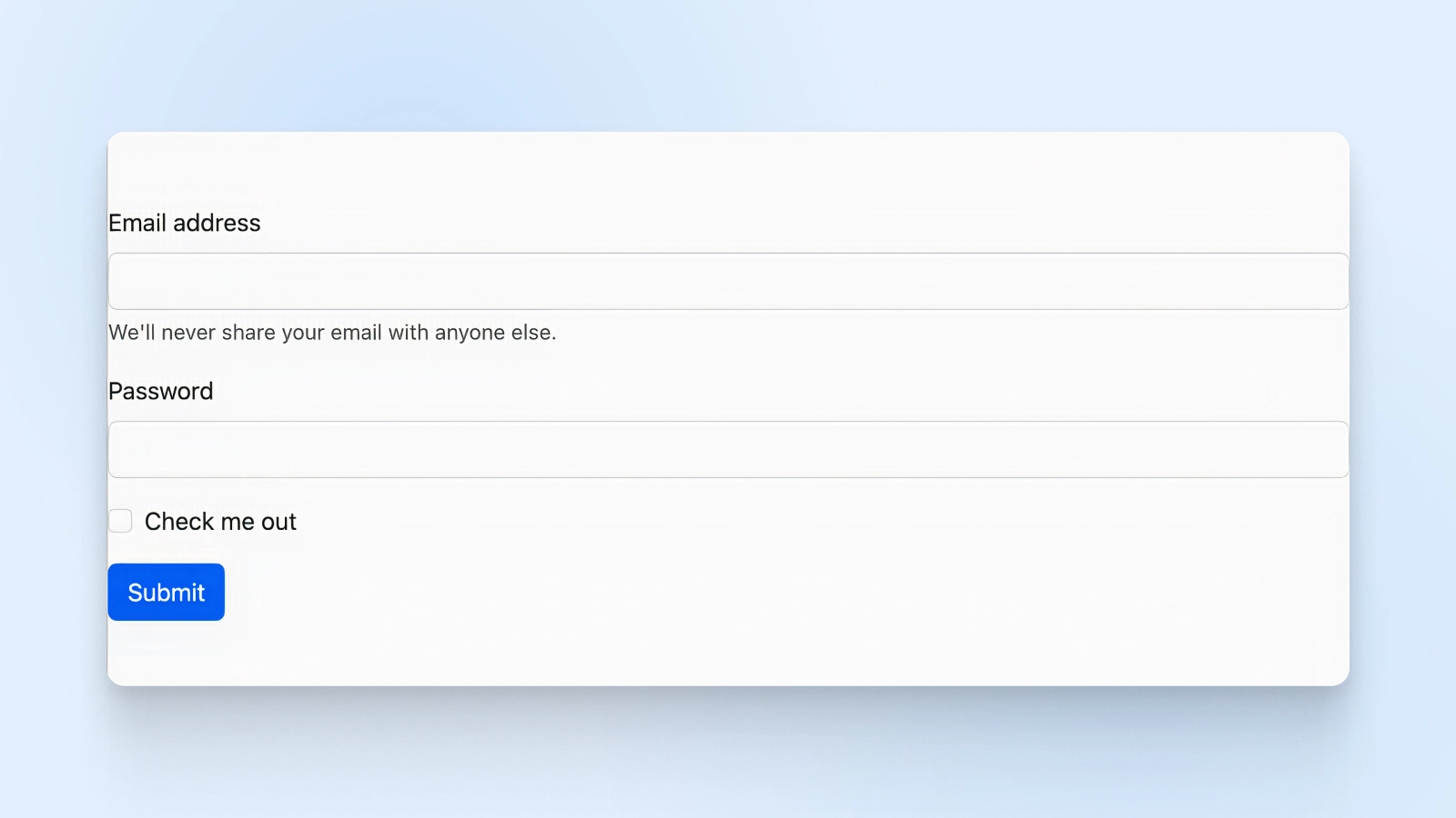 A form with an email address field, a password field, and a blue Submit button