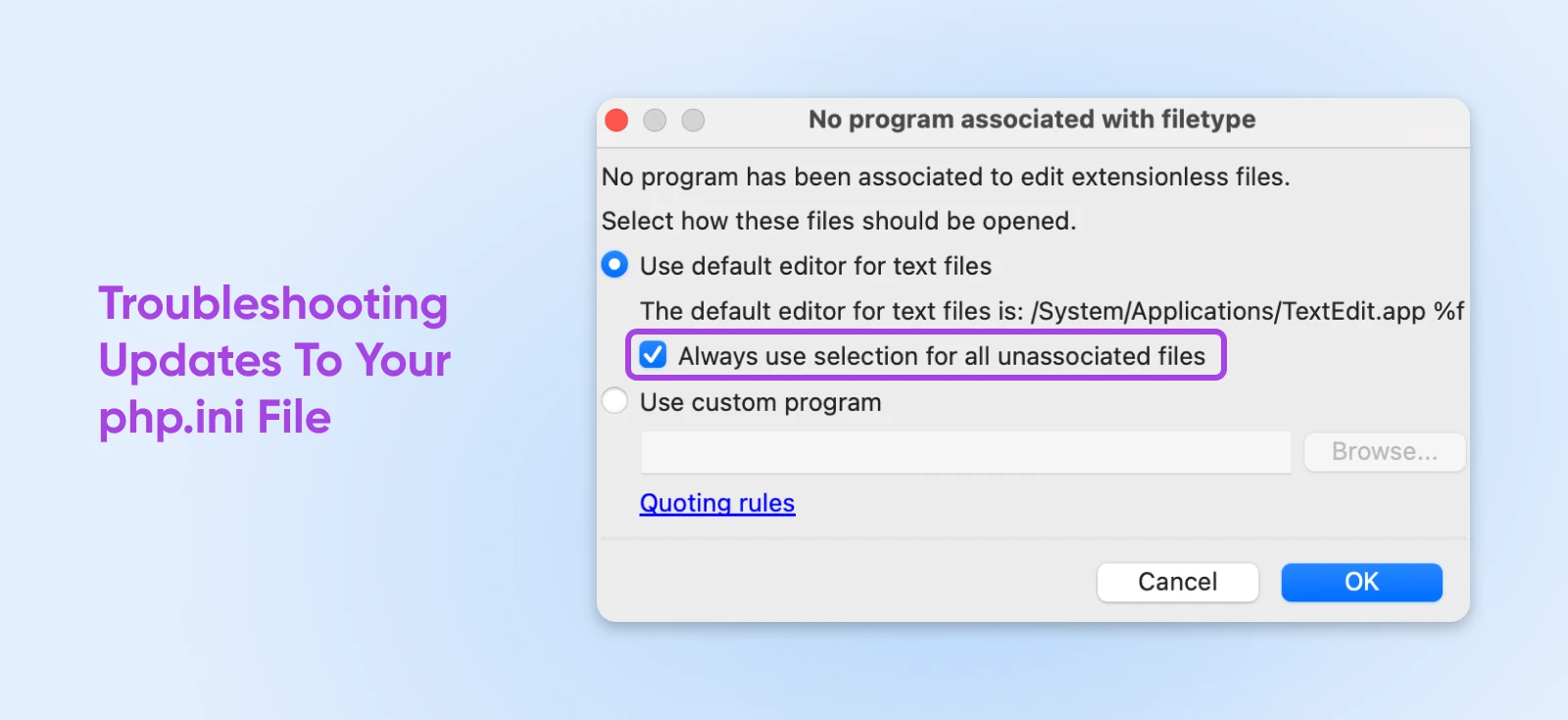 Warning dialog "No program associated with filetype," box next to "Always use selection for all unassociated files" checked.