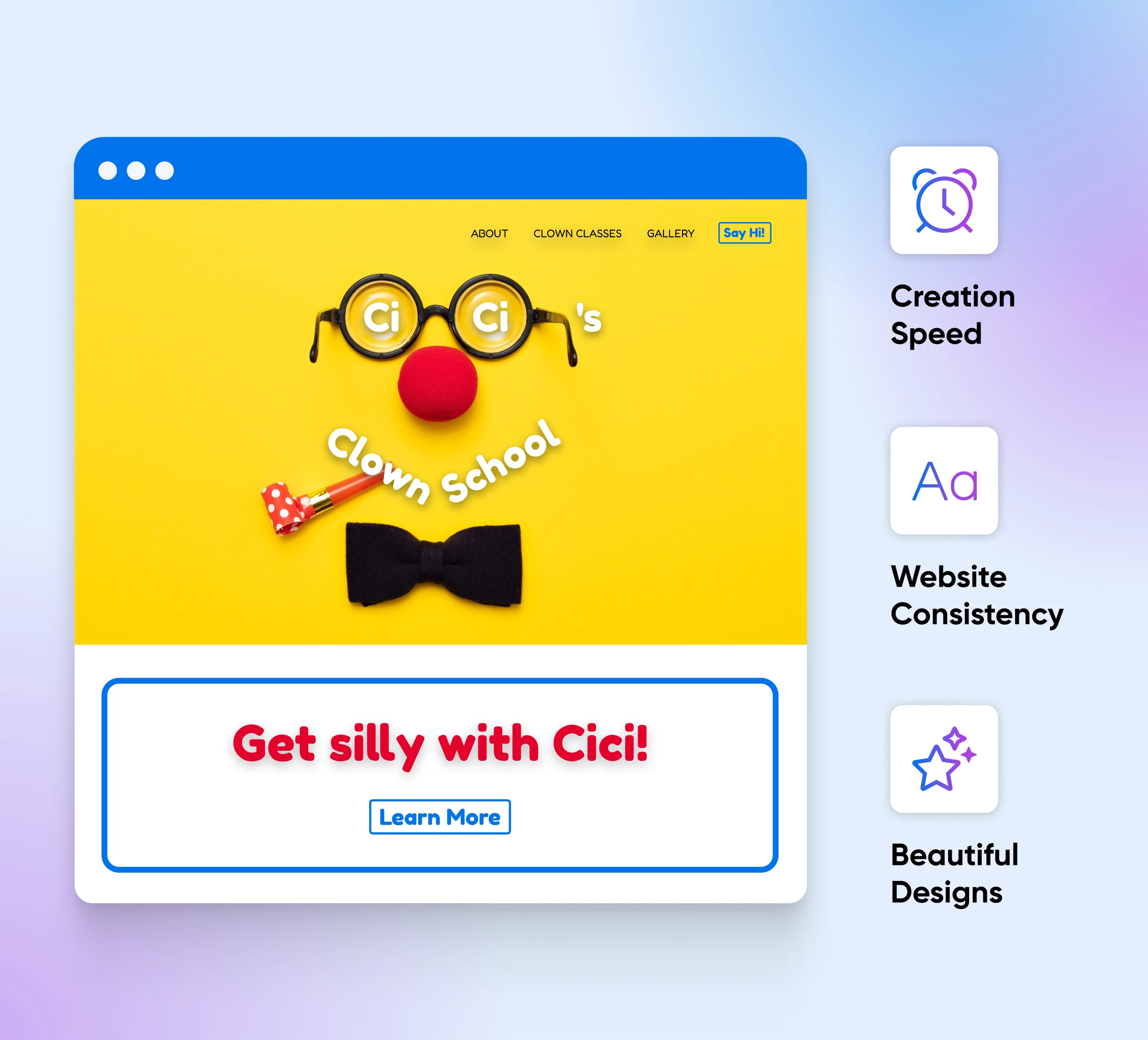 A full-page pattern for a clown school. Icons tout pattern benefits: speed, consistency, & design