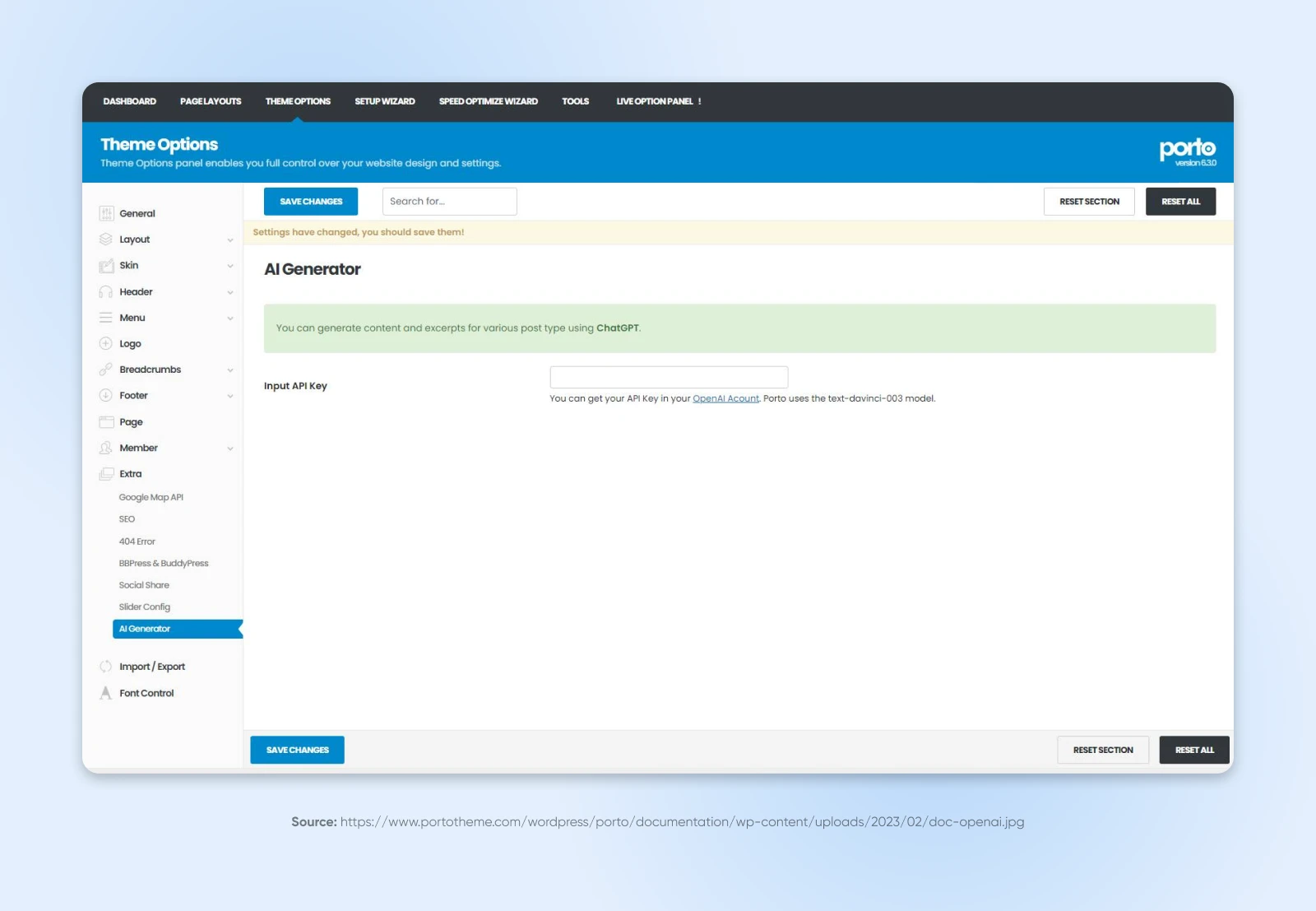 Porto's AI Generator feature under Theme Options with a field to "Input API Key" and a ChatGPT integration.