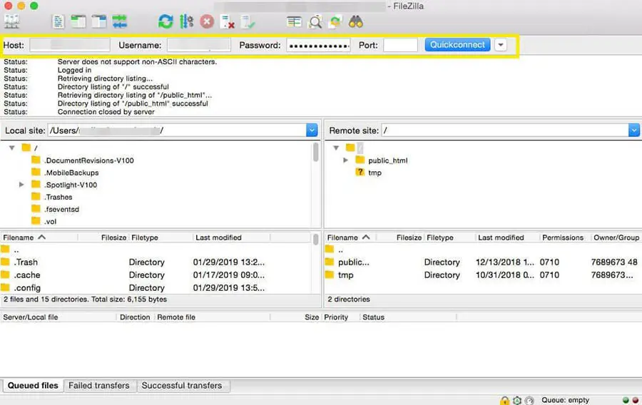 Conexión sftp servidor FileZilla