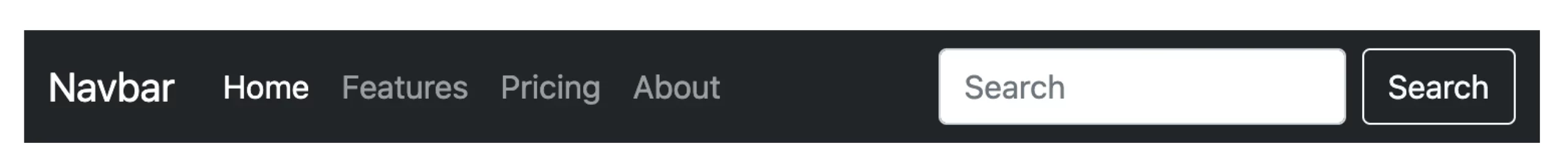 A black Navbar with white text using Bootstrap's code including buttons Home, Features, About, Search, etc.
