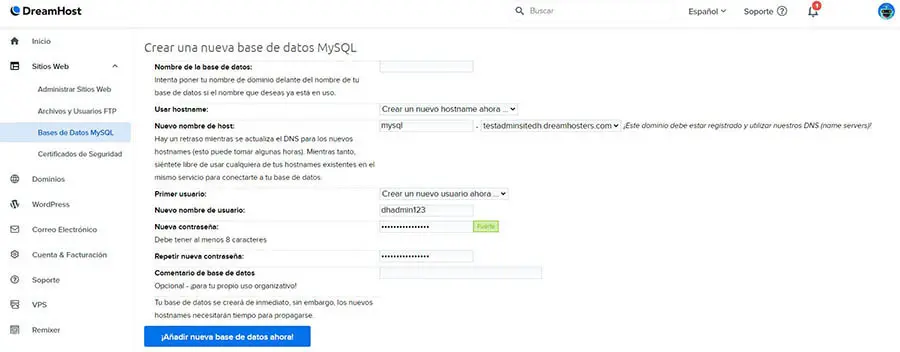 Creando una nueva base de datos MySQL con DreamHost.