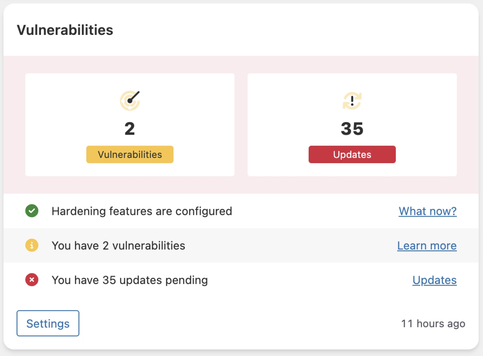 Vulnerabilities dialog box showing 2 vulnerabilities and 35 updates with button to Learn More and Updates.