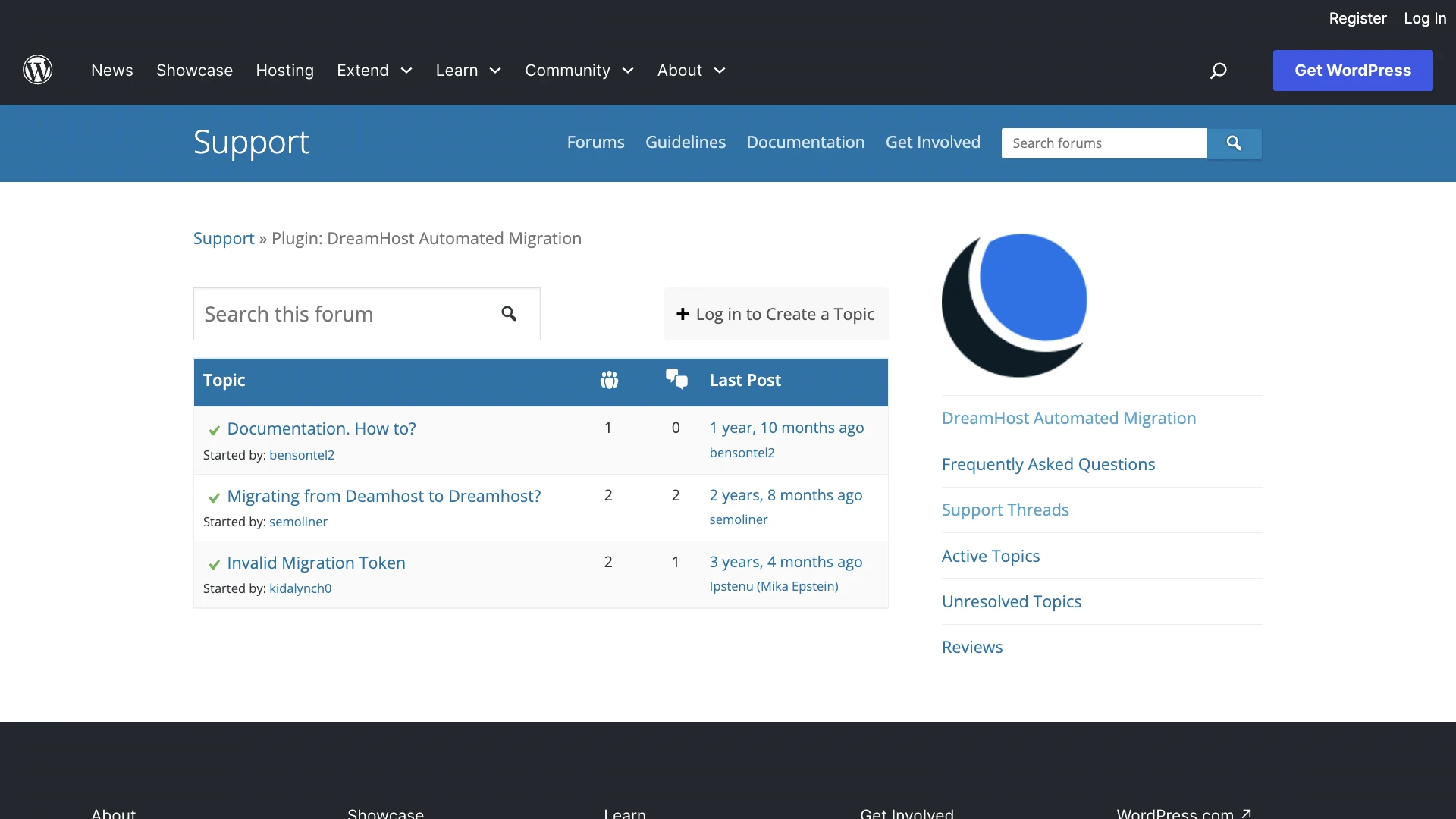 WordPress plugin "Support" page for DreamHost with an option to search the forum, topics, details on the last post. 